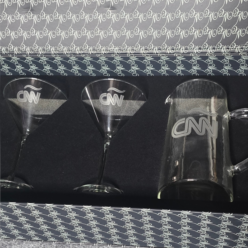 Rare Engraved CNN Crystal Martini Glasses w/ Glass Water Pitcher Large Boxed Set